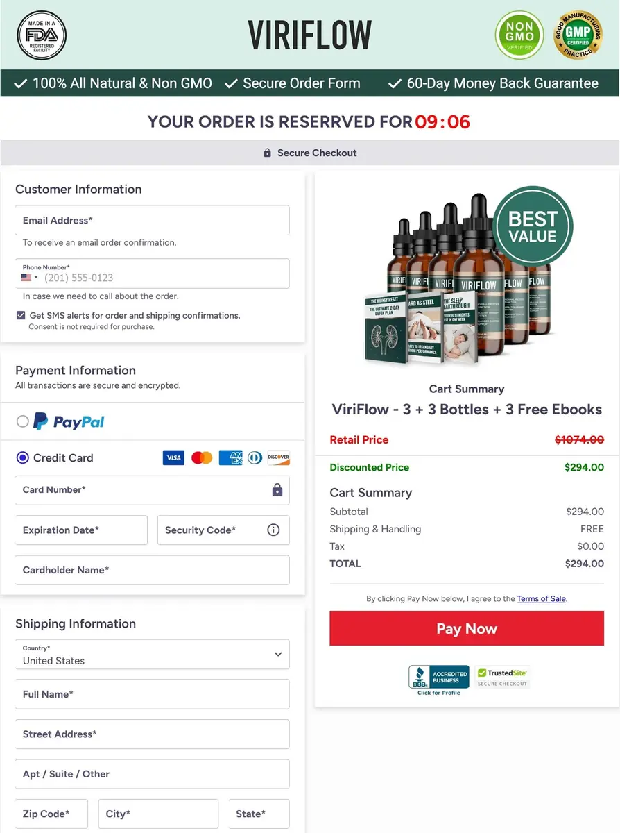 ViriFlow secure checkout page showing 6-bottle best value pack discount with 3 free bonus ebooks and 60-day guarantee.