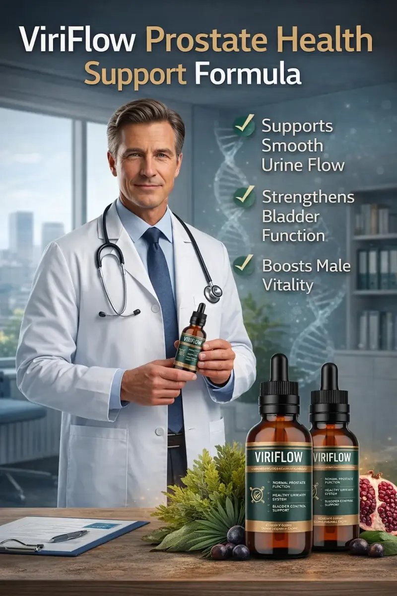 “Medical doctor with stethoscope promoting ViriFlow prostate health drops for improved urinary flow and bladder control.”